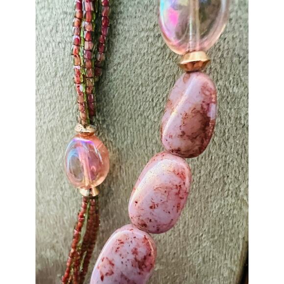 Vintage 30" 14k GE Stone Gold Glass Bead Necklace Statement green mauve Brown - Picture 10 of 14